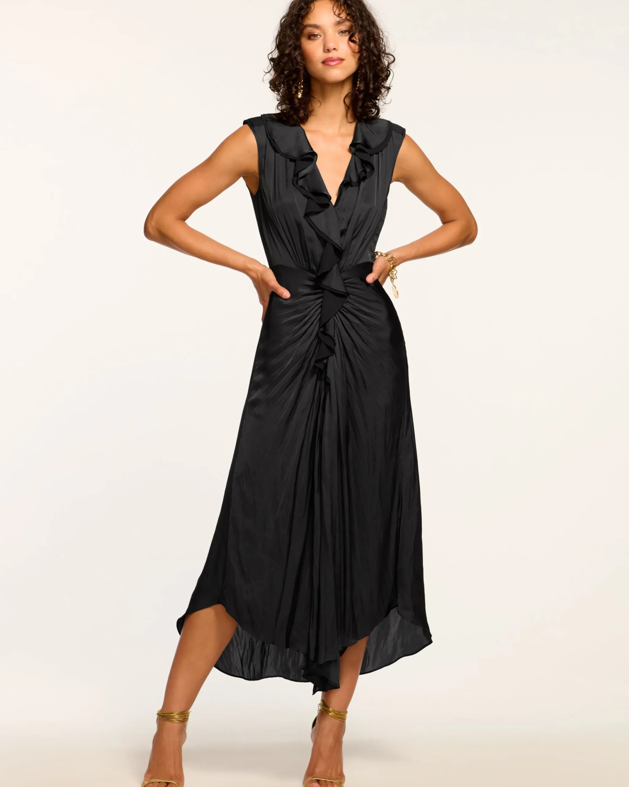 Online Olive Ruffle V-Neck Midi Dress Dresses