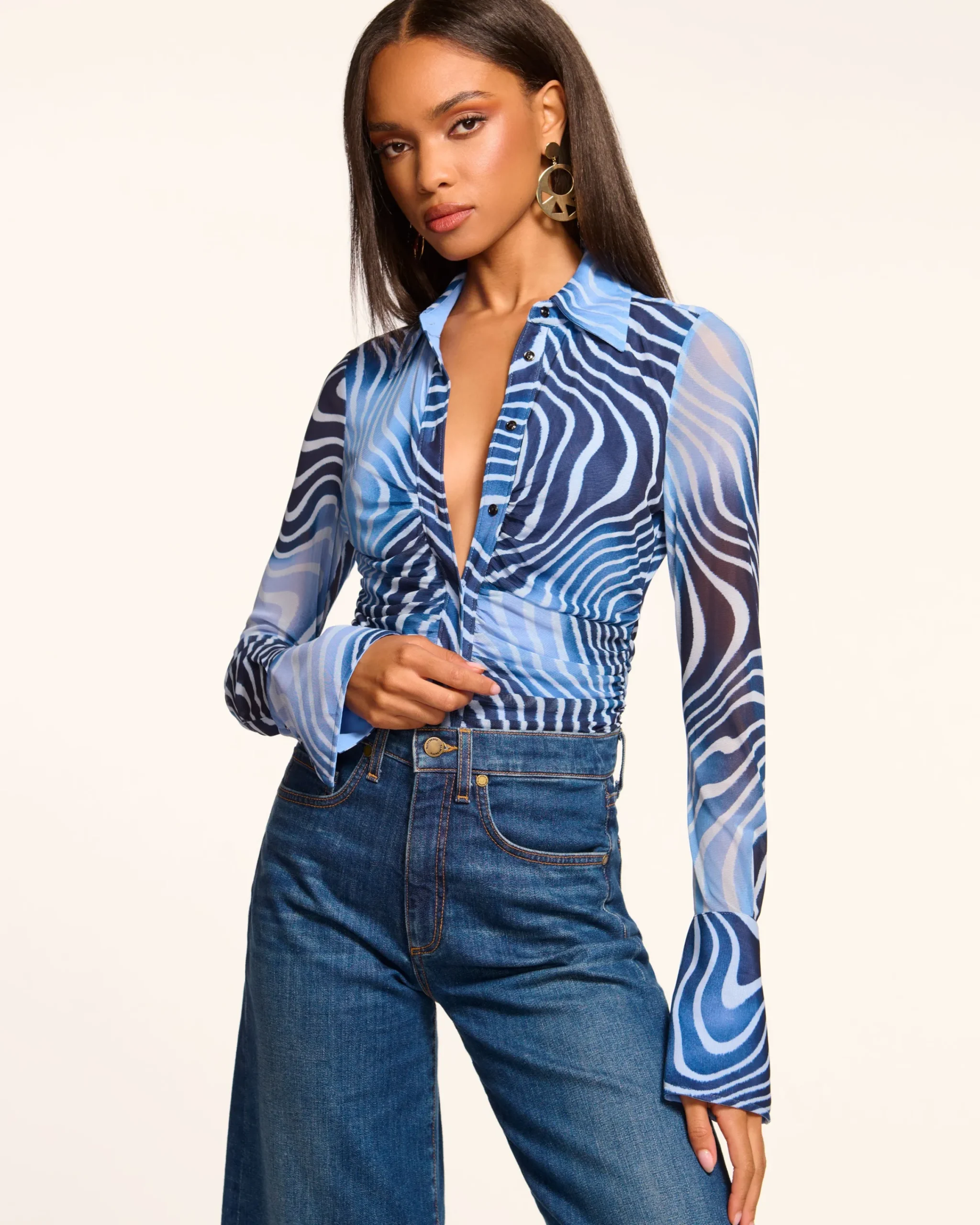 Best Talisa Long Sleeve Button Down Mesh Top Tops
